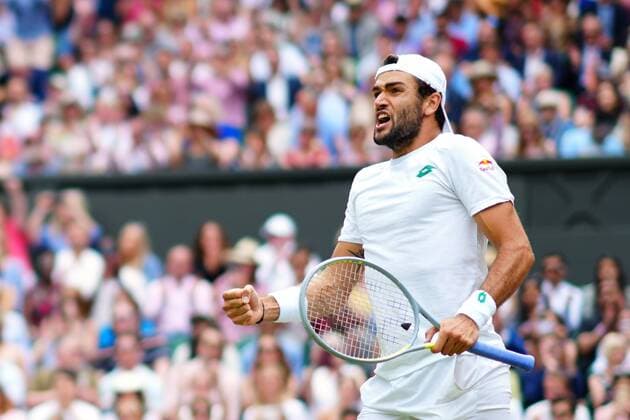 Mandatory Credit: Photo by Javier Garcia Shutterstock (12202131eb) Matteo Berrettini celebrates victory in his semi-final match Wimbledon Tennis Championships, Day 11, The All England Lawn Tennis and Croquet Club, London, UK - 09 Jul 2021 Wimbledon Tennis Championships, Day 11, The All England Lawn Tennis and Croquet Club, London, UK - 09 Jul 2021  Copyright: xJavierxGarcia Shutterstockx 12202131eb