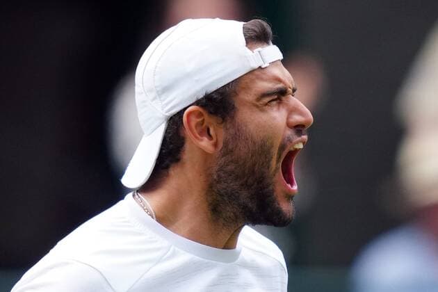Mandatory Credit: Photo by Shutterstock (12202136bu) Matteo Berrettini celebrates victory in his semi-final match Wimbledon Tennis Championships, Day 11, The All England Lawn Tennis and Croquet Club, London, UK - 09 Jul 2021 Wimbledon Tennis Championships, Day 11, The All England Lawn Tennis and Croquet Club, London, UK - 09 Jul 2021  Copyright: xShutterstockx 12202136bu