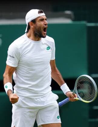 Mandatory Credit: Photo by Shutterstock (12202136bv) Matteo Berrettini celebrates victory in his semi-final match Wimbledon Tennis Championships, Day 11, The All England Lawn Tennis and Croquet Club, London, UK - 09 Jul 2021 Wimbledon Tennis Championships, Day 11, The All England Lawn Tennis and Croquet Club, London, UK - 09 Jul 2021  Copyright: xShutterstockx 12202136bv