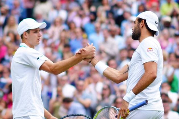 Mandatory Credit: Photo by Javier Garcia Shutterstock (12202131eg) Matteo Berrettini celebrates victory in his semi-final match against Hubert Hurkacz Wimbledon Tennis Championships, Day 11, The All England Lawn Tennis and Croquet Club, London, UK - 09 Jul 2021 Wimbledon Tennis Championships, Day 11, The All England Lawn Tennis and Croquet Club, London, UK - 09 Jul 2021  Copyright: xJavierxGarcia Shutterstockx 12202131eg
