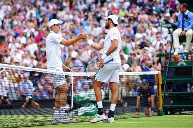 Mandatory Credit: Photo by Javier Garcia Shutterstock (12202131eh) Matteo Berrettini celebrates victory in his semi-final match against Hubert Hurkacz Wimbledon Tennis Championships, Day 11, The All England Lawn Tennis and Croquet Club, London, UK - 09 Jul 2021 Wimbledon Tennis Championships, Day 11, The All England Lawn Tennis and Croquet Club, London, UK - 09 Jul 2021  Copyright: xJavierxGarcia Shutterstockx 12202131eh