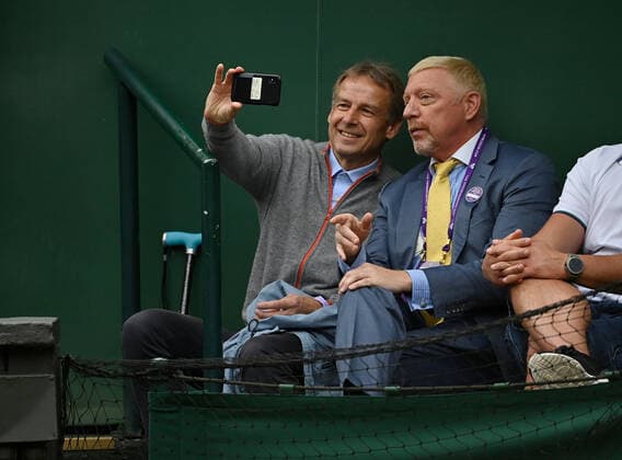 2021 Wimbledon Championship Boris Becker , Germany and Juergen Klinsman watching the first Mens Semifinal Match Berrettini Hurkacz