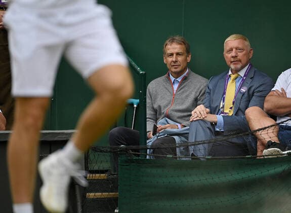2021 Wimbledon Championship Boris Becker , Germany and Juergen Klinsman watching the first Mens Semifinal Match Berrettini Hurkacz