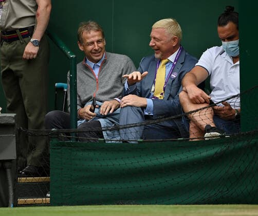 2021 Wimbledon Championship Boris Becker , Germany and Juergen Klinsman watching the first Mens Semifinal Match Berrettini Hurkacz
