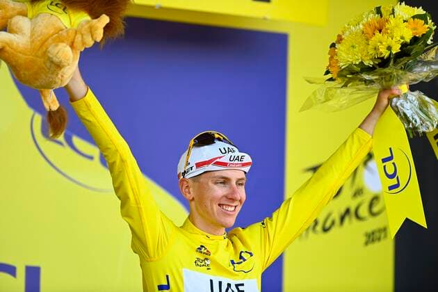 CARCASSONNE, FRANCE - JULY 09 : POGACAR Tadej (SLO) of UAE TEAM EMIRATES pictured with the yellow jersey during the podium ceremony during stage 13 of the 108th edition of the 2021 Tour de France cycling race, a stage of 219,9 kms between Nimes and Carcassonne. on July 9, 2021 in Carcassonne, France, 9 07 2021 CYCLISME : Tour de France 2021 - Etape 13 - Nimes to Carcassonne - 09 07 2021 PHOTONEWS PANORAMIC 