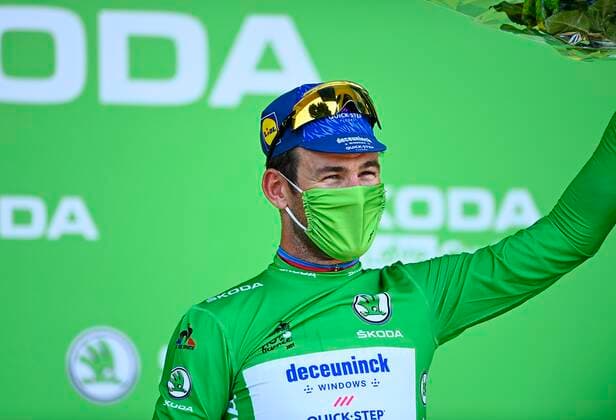 CARCASSONNE, FRANCE - JULY 09 : CAVENDISH Mark (GBR) of DECEUNINCK - QUICK - STEP pictured with the green jersey during the podium ceremony during stage 13 of the 108th edition of the 2021 Tour de France cycling race, a stage of 219,9 kms between Nimes and Carcassonne. on July 9, 2021 in Carcassonne, France, 9 07 2021 CYCLISME : Tour de France 2021 - Etape 13 - Nimes to Carcassonne - 09 07 2021 PHOTONEWS PANORAMIC 