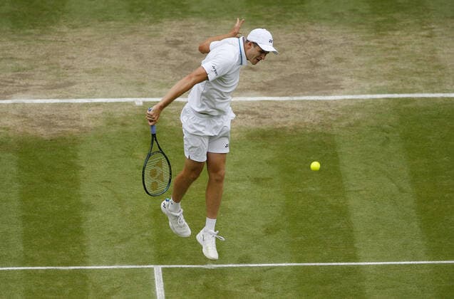 Mandatory Credit: Photo by Shutterstock (12202161q) Hubert Hurkacz of Poland in action Wimbledon Tennis Championships, Day 11, The All England Lawn Tennis and Croquet Club, London, UK - 09 Jul 2021 Wimbledon Tennis Championships, Day 11, The All England Lawn Tennis and Croquet Club, London, UK - 09 Jul 2021  Copyright: xShutterstockx 12202161q