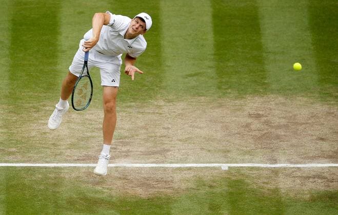 Mandatory Credit: Photo by Shutterstock (12202161p) Hubert Hurkacz of Poland in action Wimbledon Tennis Championships, Day 11, The All England Lawn Tennis and Croquet Club, London, UK - 09 Jul 2021 Wimbledon Tennis Championships, Day 11, The All England Lawn Tennis and Croquet Club, London, UK - 09 Jul 2021  Copyright: xShutterstockx 12202161p