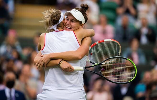 Mandatory Credit: Photo by Rob Prange Shutterstock (12202162an) Elena Vesnina & Veronika Kudermetova of Russia in action during the doubles semi-final of the 2021 Wimbledon Championships Grand Slam tennis tournament Wimbledon Tennis Championships, Day 11, The All England Lawn Tennis and Croquet Club, London, UK - 09 Jul 2021 Wimbledon Tennis Championships, Day 11, The All England Lawn Tennis and Croquet Club, London, UK - 09 Jul 2021  Copyright: xRobxPrange Shutterstockx 12202162an