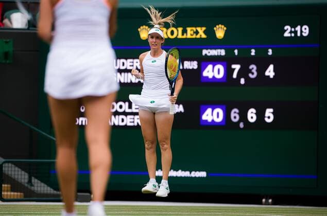 Mandatory Credit: Photo by Rob Prange Shutterstock (12202162aq) Storm Sanders of Australia in action during the doubles semi-final of the 2021 Wimbledon Championships Grand Slam tennis tournament Wimbledon Tennis Championships, Day 11, The All England Lawn Tennis and Croquet Club, London, UK - 09 Jul 2021 Wimbledon Tennis Championships, Day 11, The All England Lawn Tennis and Croquet Club, London, UK - 09 Jul 2021  Copyright: xRobxPrange Shutterstockx 12202162aq