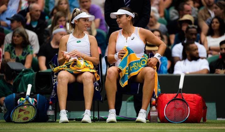 Mandatory Credit: Photo by Rob Prange Shutterstock (12202162ad) Storm Sanders of Australia & Caroline Dolehide of the United States in action during the doubles semi-final of the 2021 Wimbledon Championships Grand Slam tennis tournament Wimbledon Tennis Championships, Day 11, The All England Lawn Tennis and Croquet Club, London, UK - 09 Jul 2021 Wimbledon Tennis Championships, Day 11, The All England Lawn Tennis and Croquet Club, London, UK - 09 Jul 2021  Copyright: xRobxPrange Shutterstockx 12202162ad