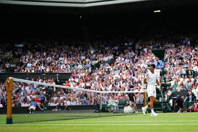 Mandatory Credit: Photo by Shutterstock (12202136da) Novak Djokovic during his semi-final match Wimbledon Tennis Championships, Day 11, The All England Lawn Tennis and Croquet Club, London, UK - 09 Jul 2021 Wimbledon Tennis Championships, Day 11, The All England Lawn Tennis and Croquet Club, London, UK - 09 Jul 2021  Copyright: xShutterstockx 12202136da