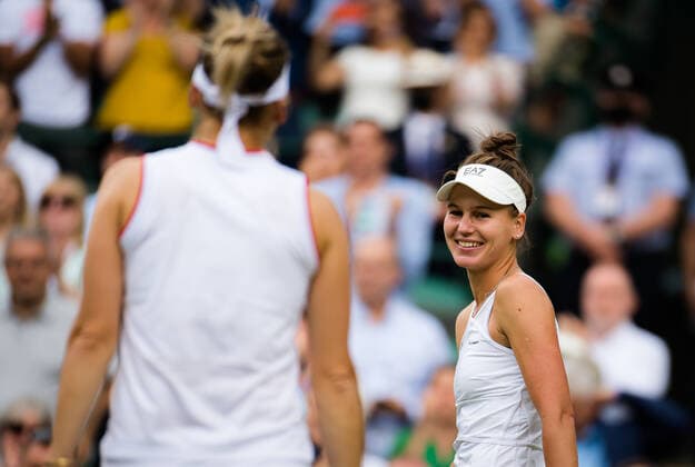 July 9, 2021, LONDON, GREAT BRITAIN: Elena Vesnina & Veronika Kudermetova of Russia in action during the doubles semi-final of the 2021 Wimbledon Championships Grand Slam tennis tournament LONDON GREAT BRITAIN - ZUMAa181 20210709_zaa_a181_051 Copyright: xRobxPrangex