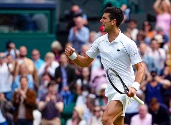 Mandatory Credit: Photo by Shutterstock (12202136fc) Novak Djokovic celebrates victory in his semi-final match Wimbledon Tennis Championships, Day 11, The All England Lawn Tennis and Croquet Club, London, UK - 09 Jul 2021 Wimbledon Tennis Championships, Day 11, The All England Lawn Tennis and Croquet Club, London, UK - 09 Jul 2021  Copyright: xShutterstockx 12202136fc