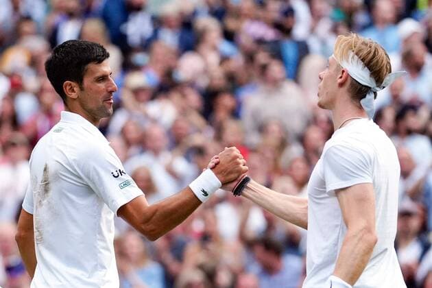Mandatory Credit: Photo by Shutterstock (12202136ff) Novak Djokovic celebrates victory in his semi-final match against Denis Shapovalov Wimbledon Tennis Championships, Day 11, The All England Lawn Tennis and Croquet Club, London, UK - 09 Jul 2021 Wimbledon Tennis Championships, Day 11, The All England Lawn Tennis and Croquet Club, London, UK - 09 Jul 2021  Copyright: xShutterstockx 12202136ff