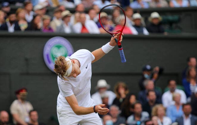 Mandatory Credit: Photo by Shutterstock (12202161bs) Denis Shapovalov of Canada frustrated Wimbledon Tennis Championships, Day 11, The All England Lawn Tennis and Croquet Club, London, UK - 09 Jul 2021 Wimbledon Tennis Championships, Day 11, The All England Lawn Tennis and Croquet Club, London, UK - 09 Jul 2021  Copyright: xShutterstockx 12202161bs