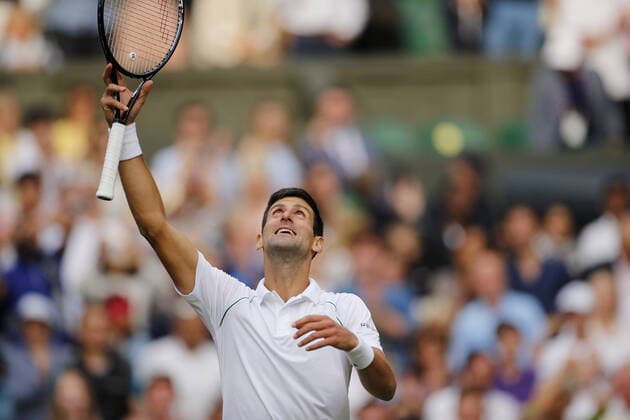 Mandatory Credit: Photo by Shutterstock (12202161bi) Novak Djokovic of Serbia celebrates Wimbledon Tennis Championships, Day 11, The All England Lawn Tennis and Croquet Club, London, UK - 09 Jul 2021 Wimbledon Tennis Championships, Day 11, The All England Lawn Tennis and Croquet Club, London, UK - 09 Jul 2021  Copyright: xShutterstockx 12202161bi