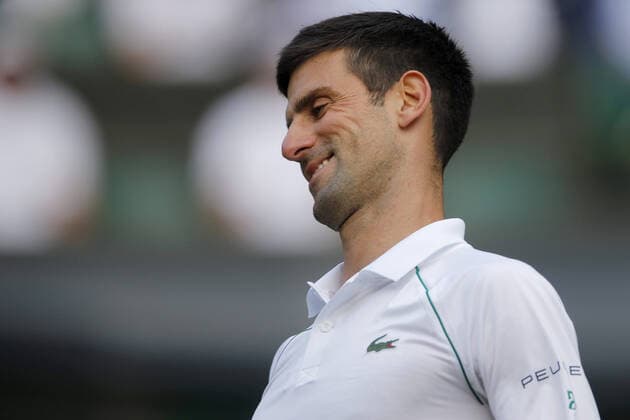 Mandatory Credit: Photo by Shutterstock (12202161bk) Novak Djokovic of Serbia smiles Wimbledon Tennis Championships, Day 11, The All England Lawn Tennis and Croquet Club, London, UK - 09 Jul 2021 Wimbledon Tennis Championships, Day 11, The All England Lawn Tennis and Croquet Club, London, UK - 09 Jul 2021  Copyright: xShutterstockx 12202161bk