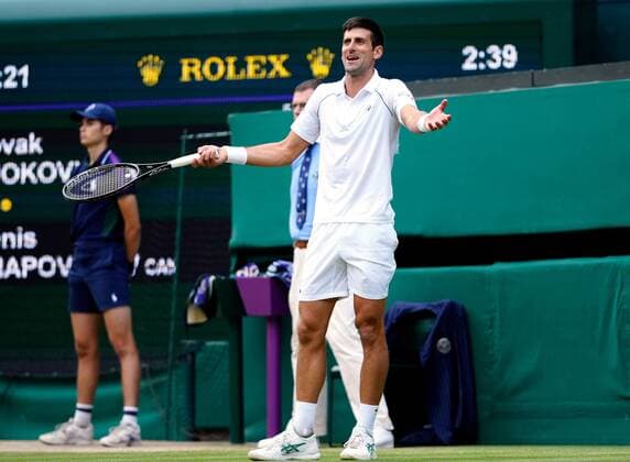 Mandatory Credit: Photo by Shutterstock (12202136fm) Novak Djokovic during his semi-final match Wimbledon Tennis Championships, Day 11, The All England Lawn Tennis and Croquet Club, London, UK - 09 Jul 2021 Wimbledon Tennis Championships, Day 11, The All England Lawn Tennis and Croquet Club, London, UK - 09 Jul 2021  Copyright: xShutterstockx 12202136fm