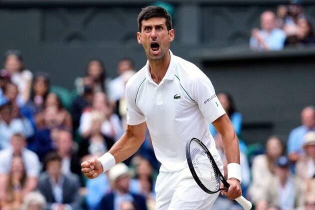 Mandatory Credit: Photo by Shutterstock (12202136fx) Novak Djokovic celebrates during his semi-final match Wimbledon Tennis Championships, Day 11, The All England Lawn Tennis and Croquet Club, London, UK - 09 Jul 2021 Wimbledon Tennis Championships, Day 11, The All England Lawn Tennis and Croquet Club, London, UK - 09 Jul 2021  Copyright: xShutterstockx 12202136fx