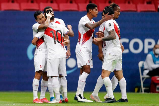 Colombia x Peru BRASÍLIA, DF - 09.07.2021: COLOMBIA X PERU - Match between , Colombia x Peru match dispute for the third place Copa America Brazil 2021 , held at Estádio Nacional Mané Garricha , on Friday (09). In the photo, Youtun player celebrated Peru& 39;s goal. (Photo: Francisco Stuckert Fotoarena) x2091130x  FranciscoxStuckert