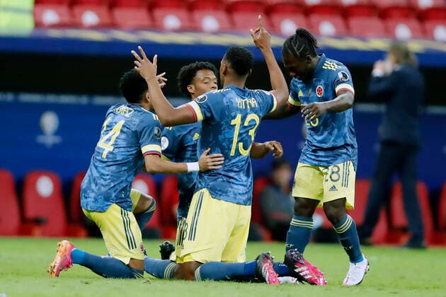 Colombia x Peru BRASÍLIA, DF - 09.07.2021: COLOMBIA X PERU - Match between , Colombia x Peru match dispute for the third place Copa America Brazil 2021 , held at Estádio Nacional Mané Garricha , on Friday (09). In the photo, Quadrado player celebrating goal Col6mbia (Photo: Francisco Stuckert Fotoarena) x2091134x  FranciscoxStuckert