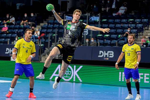 Nuremberg, Germany 09 July 2021 IHF Three Nations Tournament Germany vs Brazil v li Joao Pedro Silva Brazil , Finn Lemke Germany MT Melsungen , Fabio Chiuffa Brazil Nuremberg Arena Nuremberg Insurance Bavaria Germany.