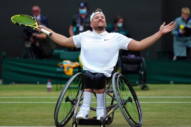 Mandatory Credit: Photo by Javier Garcia Shutterstock (12203621aq) Dylan Alcott celebrates victory in the Quad Wheelchair Singles final Wimbledon Tennis Championships, Day 12, The All England Lawn Tennis and Croquet Club, London, UK - 10 Jul 2021 Wimbledon Tennis Championships, Day 12, The All England Lawn Tennis and Croquet Club, London, UK - 10 Jul 2021  Copyright: xJavierxGarcia Shutterstockx 12203621aq