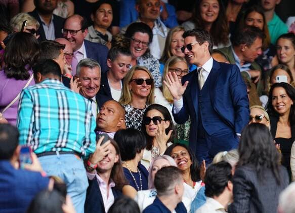 Mandatory Credit: Photo by Javier Garcia Shutterstock (12203621fc) Tom Cruise waves to the crowd on Centre Court during the Ladies Singles final Wimbledon Tennis Championships, Day 12, The All England Lawn Tennis and Croquet Club, London, UK - 10 Jul 2021 Wimbledon Tennis Championships, Day 12, The All England Lawn Tennis and Croquet Club, London, UK - 10 Jul 2021  Copyright: xJavierxGarcia Shutterstockx 12203621fc