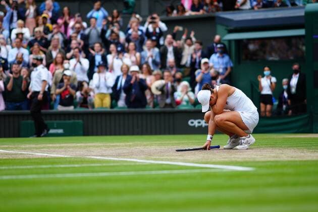 Mandatory Credit: Photo by Javier Garcia Shutterstock (12203621fn) Ashleigh Barty celebrates victory in the Ladies SIngles final Wimbledon Tennis Championships, Day 12, The All England Lawn Tennis and Croquet Club, London, UK - 10 Jul 2021 Wimbledon Tennis Championships, Day 12, The All England Lawn Tennis and Croquet Club, London, UK - 10 Jul 2021  Copyright: xJavierxGarcia Shutterstockx 12203621fn