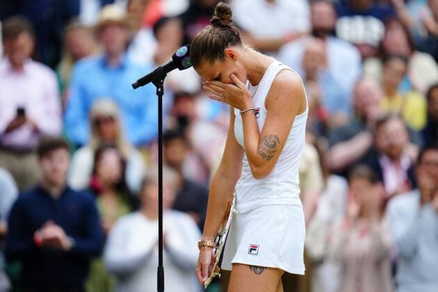 Mandatory Credit: Photo by Javier Garcia Shutterstock (12203621gh) Karolina Pliskova emotional being interviewed after losing the Ladies Singles final Wimbledon Tennis Championships, Day 12, The All England Lawn Tennis and Croquet Club, London, UK - 10 Jul 2021 Wimbledon Tennis Championships, Day 12, The All England Lawn Tennis and Croquet Club, London, UK - 10 Jul 2021  Copyright: xJavierxGarcia Shutterstockx 12203621gh