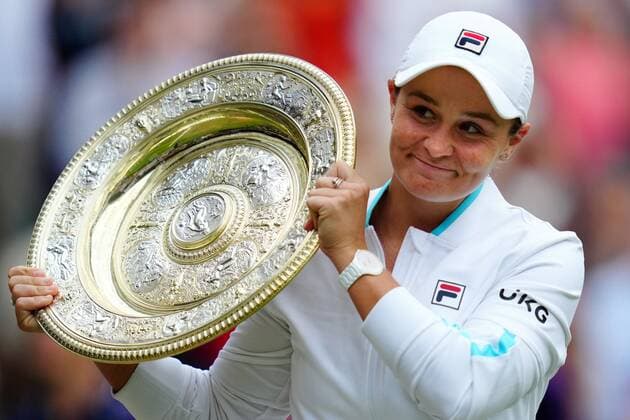 Mandatory Credit: Photo by Javier Garcia Shutterstock (12203621he) Ashleigh Barty celebrates with the Venus Rosewater Dish after victory in the Ladies SIngles final Wimbledon Tennis Championships, Day 12, The All England Lawn Tennis and Croquet Club, London, UK - 10 Jul 2021 Wimbledon Tennis Championships, Day 12, The All England Lawn Tennis and Croquet Club, London, UK - 10 Jul 2021  Copyright: xJavierxGarcia Shutterstockx 12203621he