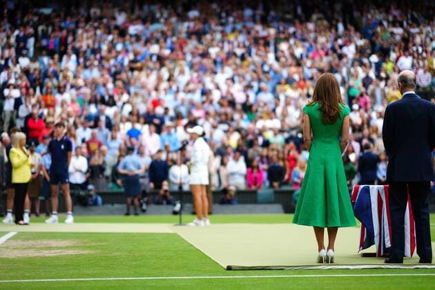 Mandatory Credit: Photo by Javier Garcia Shutterstock (12203621go) Catherine Duchess of Cambridge after presenting the Venus Rosewater Dish in the Ladies SIngles final Wimbledon Tennis Championships, Day 12, The All England Lawn Tennis and Croquet Club, London, UK - 10 Jul 2021 Wimbledon Tennis Championships, Day 12, The All England Lawn Tennis and Croquet Club, London, UK - 10 Jul 2021  Copyright: xJavierxGarcia Shutterstockx 12203621go