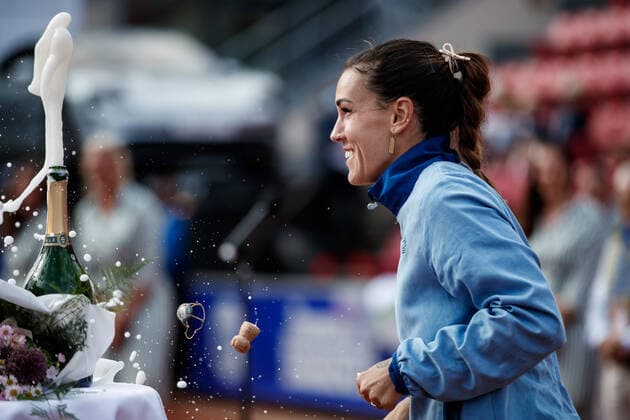 210710 Nuria Parrizas Diaz, Spain, cheers after the final in singles during day 6 of the Nordea Open on July 10, 2021 in Bastad,  Copyright: MATHILDAxAHLBERG BB210710BB761