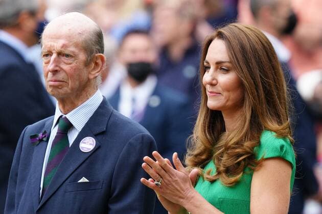 Mandatory Credit: Photo by Shutterstock (12203622bc) Catherine Duchess of Cambridge and The Duke of Kent after presenting the Venus Rosewater Dish to Ashleigh Barty after victory in the Ladies SIngles final Wimbledon Tennis Championships, Day 12, The All England Lawn Tennis and Croquet Club, London, UK - 10 Jul 2021 Wimbledon Tennis Championships, Day 12, The All England Lawn Tennis and Croquet Club, London, UK - 10 Jul 2021  Copyright: xShutterstockx 12203622bc