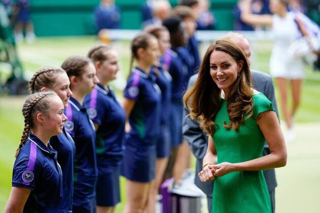 Mandatory Credit: Photo by Shutterstock (12203622bi) Catherine Duchess of Cambridge chatting with ballboys and ball girls on Centre Court before the trophy presentation Wimbledon Tennis Championships, Day 12, The All England Lawn Tennis and Croquet Club, London, UK - 10 Jul 2021 Wimbledon Tennis Championships, Day 12, The All England Lawn Tennis and Croquet Club, London, UK - 10 Jul 2021  Copyright: xShutterstockx 12203622bi