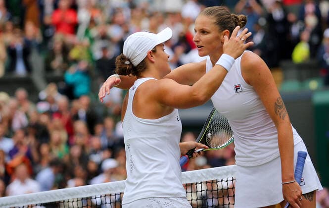Mandatory Credit: Photo by Shutterstock (12203623o) Ashleigh Barty of Australia hugs Karolina Pliskova of Czech Republic Wimbledon Tennis Championships, Day 12, The All England Lawn Tennis and Croquet Club, London, UK - 10 Jul 2021 Wimbledon Tennis Championships, Day 12, The All England Lawn Tennis and Croquet Club, London, UK - 10 Jul 2021  Copyright: xShutterstockx 12203623o