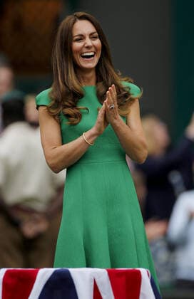 Mandatory Credit: Photo by Shutterstock (12203623a) HRH The Duchess of Cambridge (Kate Middleton) smiles and applauds Wimbledon Tennis Championships, Day 12, The All England Lawn Tennis and Croquet Club, London, UK - 10 Jul 2021 Wimbledon Tennis Championships, Day 12, The All England Lawn Tennis and Croquet Club, London, UK - 10 Jul 2021  Copyright: xShutterstockx 12203623a