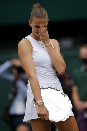 Mandatory Credit: Photo by Shutterstock (12203623c) Karolina Pliskova of Czech Republic cries with the runners up trophy Wimbledon Tennis Championships, Day 12, The All England Lawn Tennis and Croquet Club, London, UK - 10 Jul 2021 Wimbledon Tennis Championships, Day 12, The All England Lawn Tennis and Croquet Club, London, UK - 10 Jul 2021  Copyright: xShutterstockx 12203623c
