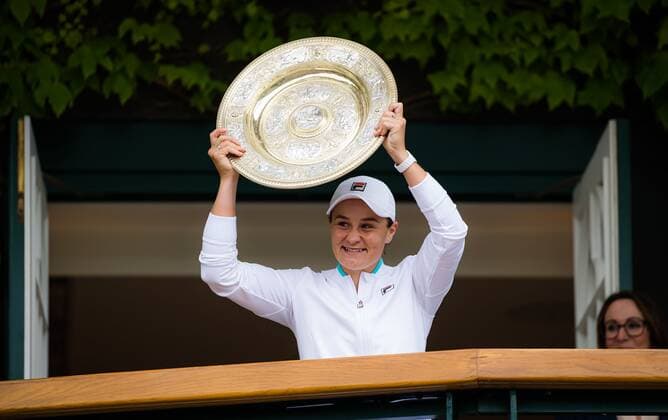 Mandatory Credit: Photo by Rob Prange Shutterstock (12203624r) Ashleigh Barty of Australia with the champions trophy after winning the final of the 2021 Wimbledon Championships Grand Slam tennis tournament Wimbledon Tennis Championships, Day 12, The All England Lawn Tennis and Croquet Club, London, UK - 10 Jul 2021 Wimbledon Tennis Championships, Day 12, The All England Lawn Tennis and Croquet Club, London, UK - 10 Jul 2021  Copyright: xRobxPrange Shutterstockx 12203624r