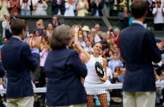 Mandatory Credit: Photo by Shutterstock (12203623am) Karolina Pliskova of Czech Republic waves to the crowd with the runners up trophy Wimbledon Tennis Championships, Day 12, The All England Lawn Tennis and Croquet Club, London, UK - 10 Jul 2021 Wimbledon Tennis Championships, Day 12, The All England Lawn Tennis and Croquet Club, London, UK - 10 Jul 2021  Copyright: xShutterstockx 12203623am