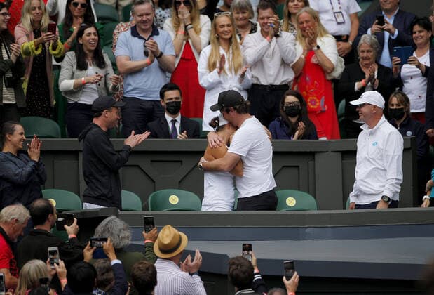 Mandatory Credit: Photo by Shutterstock (12203623ad) Ashleigh Barty of Australia celebrates with her player box Wimbledon Tennis Championships, Day 12, The All England Lawn Tennis and Croquet Club, London, UK - 10 Jul 2021 Wimbledon Tennis Championships, Day 12, The All England Lawn Tennis and Croquet Club, London, UK - 10 Jul 2021  Copyright: xShutterstockx 12203623ad