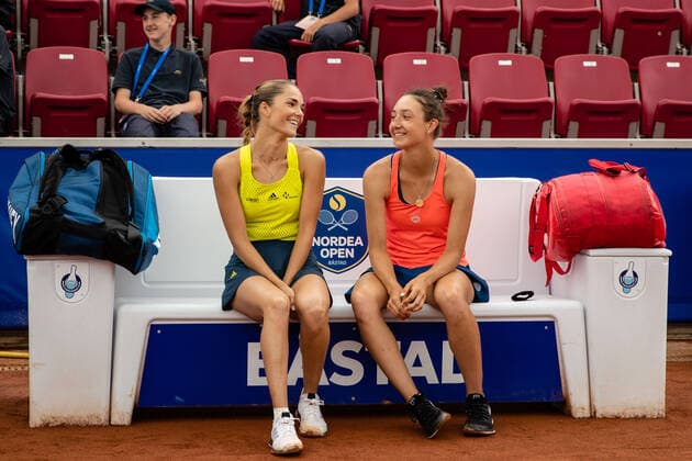 210710 Mirjam Björklund, Sweden, and Leonie Kung, Switzerland, after the victory in the final in doubles during day 6 of the Nordea Open on July 10, 2021 in Bastad,  Copyright: MATHILDAxAHLBERG BB210710BB850