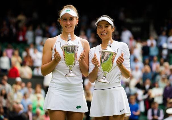 Mandatory Credit: Photo by Rob Prange Shutterstock (12203624ao) Elise Mertens of Belgium & Su-Wei Hsieh of Chinese Taipeh with their champions trophies after the doubles final of the 2021 Wimbledon Championships Grand Slam tennis tournament Wimbledon Tennis Championships, Day 12, The All England Lawn Tennis and Croquet Club, London, UK - 10 Jul 2021 Wimbledon Tennis Championships, Day 12, The All England Lawn Tennis and Croquet Club, London, UK - 10 Jul 2021  Copyright: xRobxPrange Shutterstockx 12203624ao