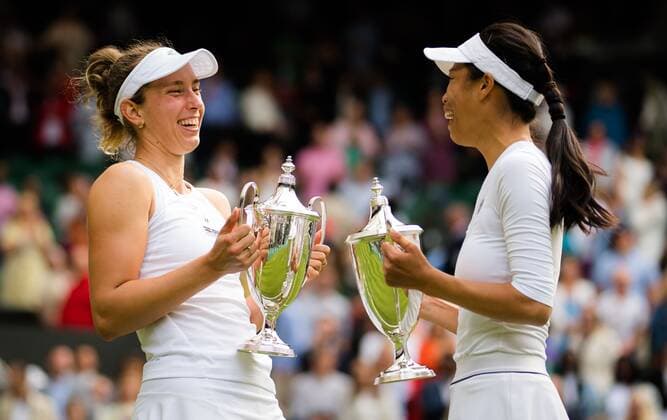 Mandatory Credit: Photo by Rob Prange Shutterstock (12203624am) Elise Mertens of Belgium & Su-Wei Hsieh of Chinese Taipeh with their champions trophies after the doubles final of the 2021 Wimbledon Championships Grand Slam tennis tournament Wimbledon Tennis Championships, Day 12, The All England Lawn Tennis and Croquet Club, London, UK - 10 Jul 2021 Wimbledon Tennis Championships, Day 12, The All England Lawn Tennis and Croquet Club, London, UK - 10 Jul 2021  Copyright: xRobxPrange Shutterstockx 12203624am
