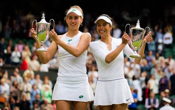 Mandatory Credit: Photo by Rob Prange Shutterstock (12203624an) Elise Mertens of Belgium & Su-Wei Hsieh of Chinese Taipeh with their champions trophies after the doubles final of the 2021 Wimbledon Championships Grand Slam tennis tournament Wimbledon Tennis Championships, Day 12, The All England Lawn Tennis and Croquet Club, London, UK - 10 Jul 2021 Wimbledon Tennis Championships, Day 12, The All England Lawn Tennis and Croquet Club, London, UK - 10 Jul 2021  Copyright: xRobxPrange Shutterstockx 12203624an