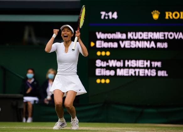 Mandatory Credit: Photo by Rob Prange Shutterstock (12203624bg) Elise Mertens of Belgium & Su-Wei Hsieh of Chinese Taipeh after winning the doubles final of the 2021 Wimbledon Championships Grand Slam tennis tournament Wimbledon Tennis Championships, Day 12, The All England Lawn Tennis and Croquet Club, London, UK - 10 Jul 2021 Wimbledon Tennis Championships, Day 12, The All England Lawn Tennis and Croquet Club, London, UK - 10 Jul 2021  Copyright: xRobxPrange Shutterstockx 12203624bg