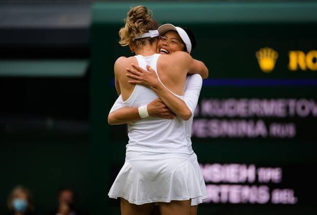 Mandatory Credit: Photo by Rob Prange Shutterstock (12203624bc) Elise Mertens of Belgium & Su-Wei Hsieh of Chinese Taipeh after winning the doubles final of the 2021 Wimbledon Championships Grand Slam tennis tournament Wimbledon Tennis Championships, Day 12, The All England Lawn Tennis and Croquet Club, London, UK - 10 Jul 2021 Wimbledon Tennis Championships, Day 12, The All England Lawn Tennis and Croquet Club, London, UK - 10 Jul 2021  Copyright: xRobxPrange Shutterstockx 12203624bc