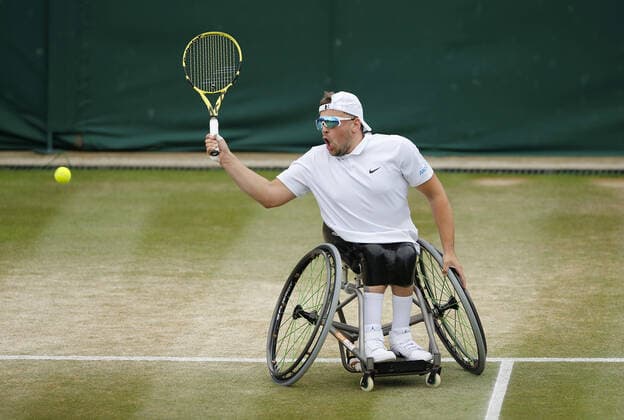 Mandatory Credit: Photo by Shutterstock (12203623bp) Dylan Alcott of Australia in action Wimbledon Tennis Championships, Day 12, The All England Lawn Tennis and Croquet Club, London, UK - 10 Jul 2021 Wimbledon Tennis Championships, Day 12, The All England Lawn Tennis and Croquet Club, London, UK - 10 Jul 2021  Copyright: xShutterstockx 12203623bp