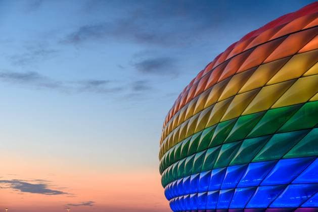 Munich, Germany, Jul 10th 2021: Allianz Arena Munich illuminated in rainbow colors on the CSD weekend in Munich Sven Beyrich SPP Allianz Arena Munich 